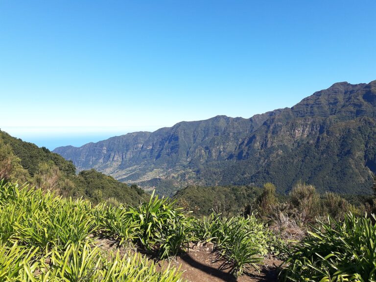 Sentier de crête à Madère surplombant une mer de nuages entre des sommets rocheux