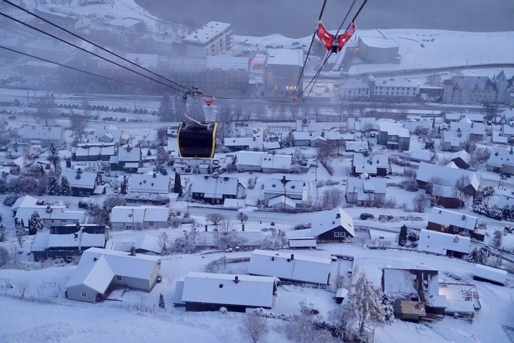 Cabine de t&eacute;l&eacute;cabine passant au-dessus d'une piste enneig&eacute;e bord&eacute;e de sapins