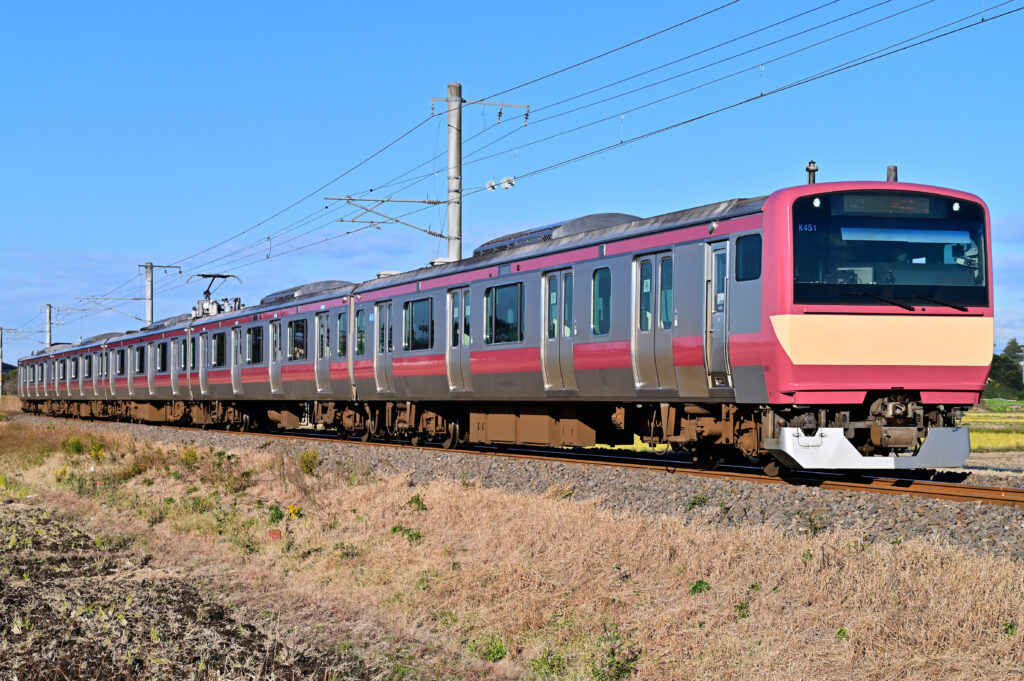 Train rouge franchissant un viaduc de pierre en courbe au-dessus d'une vallée alpine enneigée