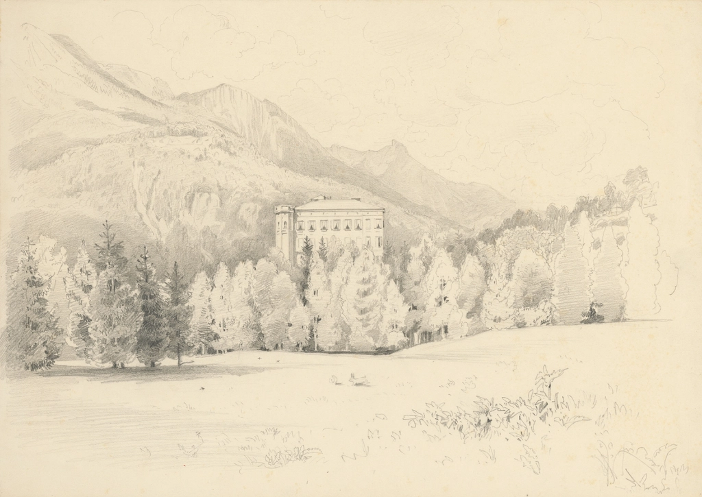 Façade d'hôtel de montagne aux volets de bois et balcons ouvragés, sommets dégagés au fond